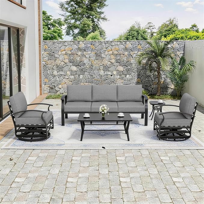 Kurapika Aluminum Patio Furniture Set 5-Seat Modern Outdoor Conversation Sets w/Swivel Rocking Chairs with Rectangular Coffee Table, Grey