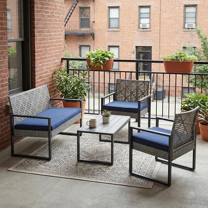 OVENTA Outdoor Patio Furniture Set, 4 Piece Rattan Chairs with Coffe Table for Backyard, Balcony, Deck, Front Porch, Patio Conversation Seating Sets for Outside, Juego Muebles de Exterior(Light Gray)
