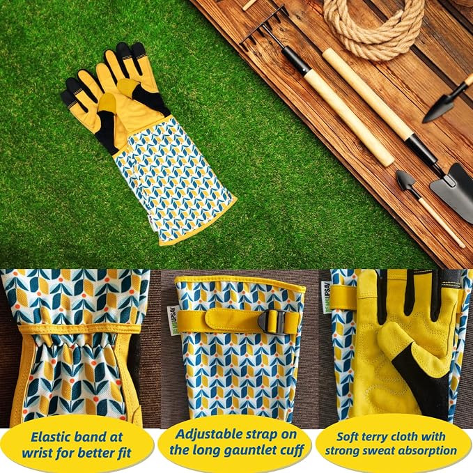 Thornproof Rose&Cactus Gardening Gloves,Gauntlet Garden Glove,Gifts | Canvas,Cute Floral Pattern,Leather Palm,Touchscreen,Durable Material,Garden Gift,Men&Women,Machine Washable,Adjustable Cuff