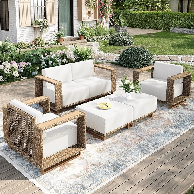 MIXPATIO Patio Furniture Set, 5 Piece Outdoor Wicker Sofa Couch, Deep Seating Yellow Rattan Conversation Sets with 10-inch Thick Cushions, Low Profile Deck Backyard Lawn Furniture