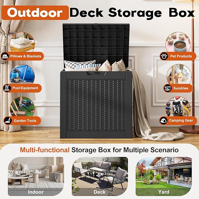 Outdoor Storage Box, Resin Deck Boxes Indoor and outdoor, Waterproof Storage Box Lockable Lid (Black,32 Gallon)