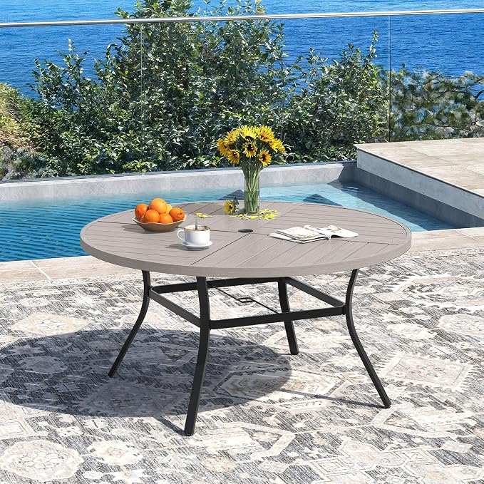 DIFY 7 Pieces Outdoor Patio Dining Set for 6, 50" Grey Wood-Like Round Metal Dining Table and 6 Sandshell Stackable Textilene Patio Chairs, Outdoor Table and Chairs for Backyard Garden Poolside