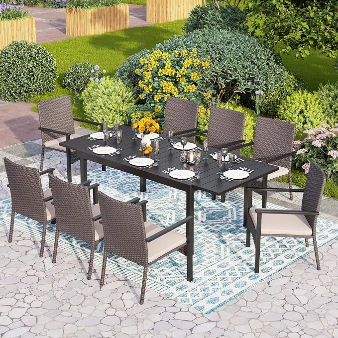 PHI VILLA Wicker Patio Dining Chairs Set of 4 with Removable Cushions | 4 Rattan dining chairs with thick removable seat cushions. Sturdy steel frame, easy assembly.