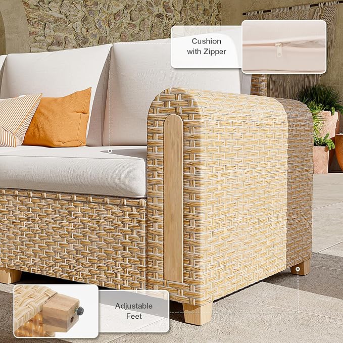 SUNSITT 7-Piece Patio Furniture Set, Outdoor Wicker Modular Sectional with Acacia Wood Accents, 5.9" Wide Armrests, Ottomans & Coffee Table for Backyard Porch