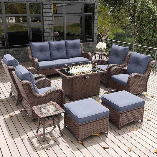 LayinSun 10 Pieces Outdoor Patio Furniture Set with Fire Pit Table, Rattan Wicker Sectional Swivel Rocker Chairs Sets with Ottomans, Swivel Glider Chair, Single Chairs and Coffee Table