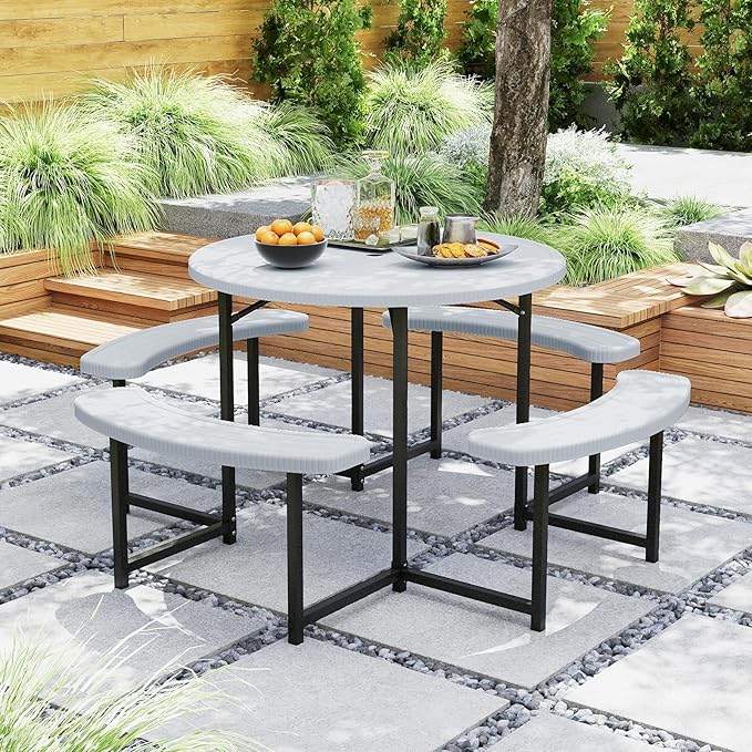 Byroce 6-8 Person Picnic Table for Outdoors, HDPE Picnic Table Set with 4 Benches, Umbrella Hole & Metal Frame, Heavy Duty Round Dining Table Chairs for BBQ Party in Patio, Yard & Poolside (White)