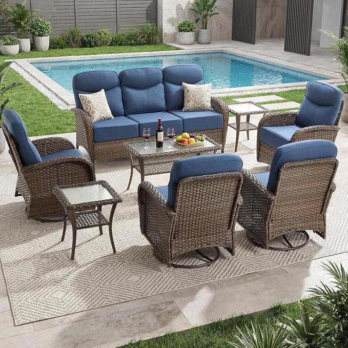 Outdoor Swivel Rocking Chair Patio Set (8-Piece), High-Back - Thick Cushion Swivel Rocking Chair Patio Set, All-Weather Wicker Patio Furniture Set, Suitable for Balcony Patios, Brown/Blue