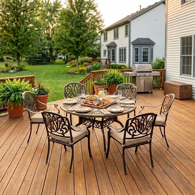 7-Pcs Cast Aluminum Patio Dining Set for 6, 54" Round Table,Bronze | Outdoor Furniture Set Include Dining Table and 6 Stackable Chairs with Cushions & Umbrella Hole