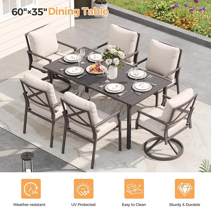 HAPPATIO Patio Dining Set, Powder-Coated Metal Outdoor Table and Chairs Set for 6,4 Chairs and 2 Swivel Rockers with Thick Cushions, 60" Rectangular Table with 1.5" Umbrella Hole for Deck Backyard