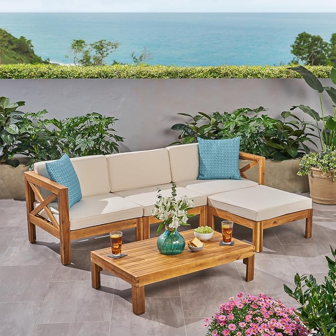 Merax Patio Furniture Set L-Shape Sofa with Table and Cushions for 3-Person, Acacia Wood Outdoor Conversation Set for Patio Deck Backyard Poolside (Beige)