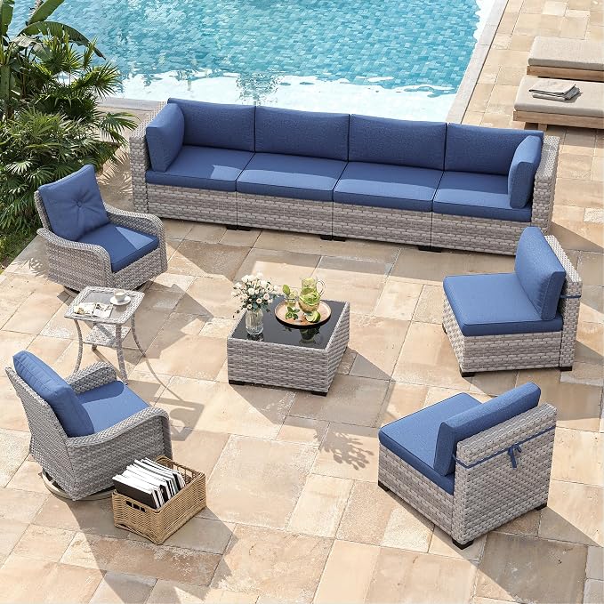 8-Seat Modern Patio Furniture Set with Swivel Rocking Chairs, Thick 4″ Cushions, Dual-Strand Wicker Rattan, Rust-Resistant Steel Frame – Outdoor Conversation & Modular Sectional,Navy