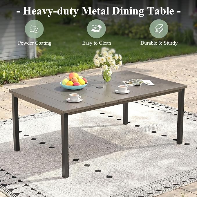 Outdoor Dining Set for 6, 63" Outdoor Dining Table with Umbrella Hole and Padded Textilene Patio Swivel Chairs, 7 Pieces Patio Table and Chairs Set for Garden Backyard, Grey