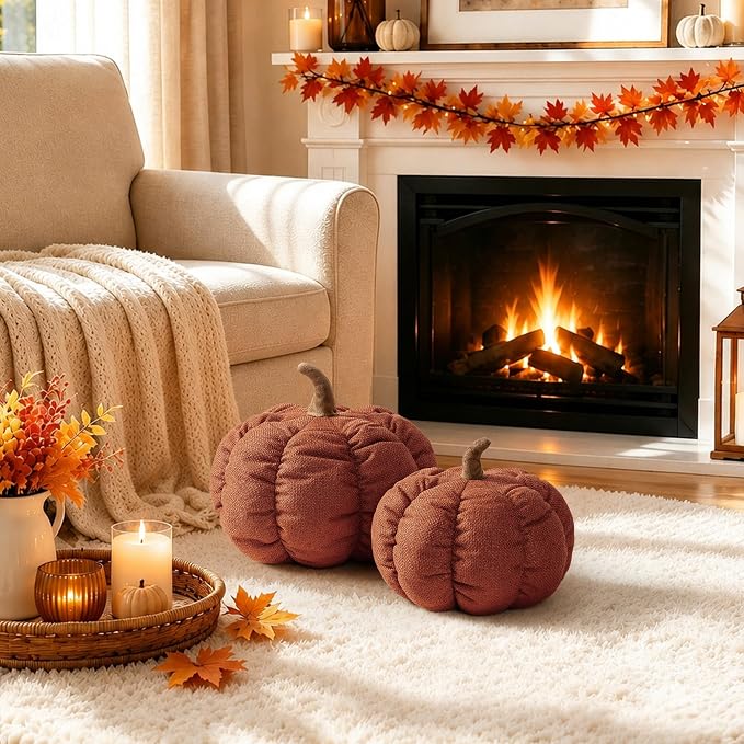 AELS Pumpkin Throw Pillows Set of 2, 14" & 10" Cinnamon Fall Pillows | for Couch Sofa Bed Living Room Home Decor, Farmhouse Textured 3D Fall Halloween Thanksgiving Decorative Accent Pillows