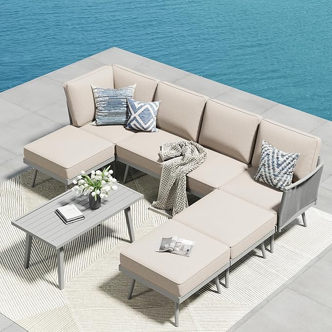 PHI VILLA 8-Piece Rope Rattan Patio Sectional Furniture Set,Modern Outdoor Conversation Set with Detachable Armrests and Grey Metal Frame,All Weather Patio Sofa with Coffee Table and Biege Cushions