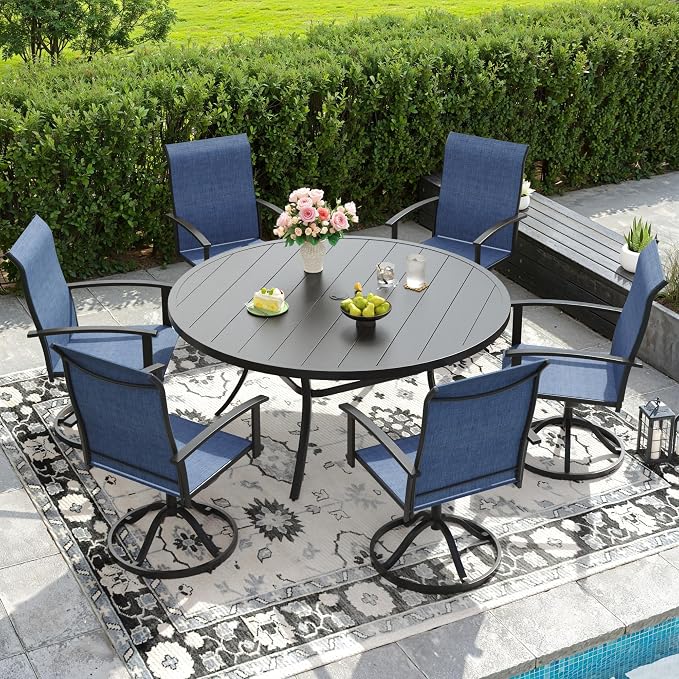 DIFY 7 Pieces Outdoor Dining Set for 6, 50" Black Round Metal Table with Umbrella Hole and Blue Textilene Swivel Patio Chairs, Patio Table and Chairs Set for Garden, Backyard, Poolside