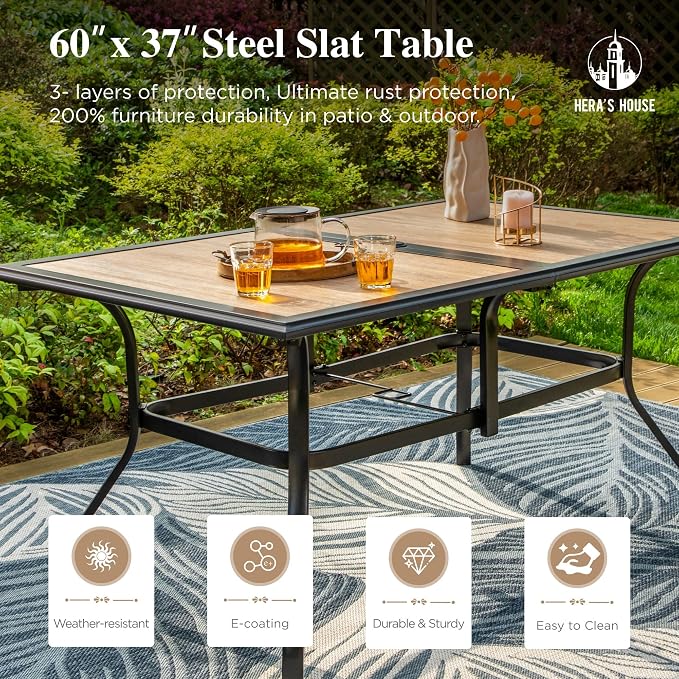 HERA'S HOUSE 7pc Patio Dining Set, Metal Table with PVC Top, Blue Chairs | 60" rectangular table with umbrella hole, 6 textilene chairs. Waterproof, rust-resistant, all-weather for yard, porch