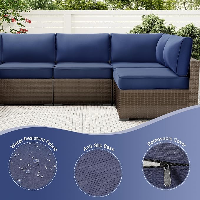SUNCOZE 14-Piece Outdoor Cushions for Patio Furniture, 25.6"x25.6" Couch Cushion Replacement Designed for 6-Seat Sectional Sofa Sets, Anti-Slip Patio Cushions for Garden, Backyard, Porch (Blue) | 25.6"x25.6" Couch Cushion Designed for 6-Seat Sectional ...