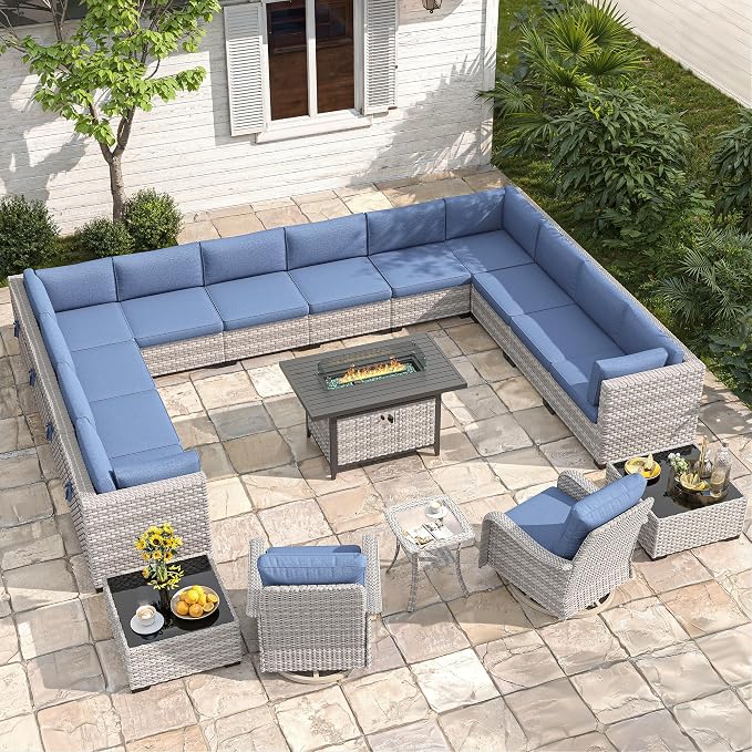 14-Seat Outdoor Wicker Patio Furniture Set with Fire Pit Table, Modular Rattan Sectional Sofa & 2 Swivel Rocking Chairs, 4" Thick Cushions, Rust-Resistant Frame,Navy