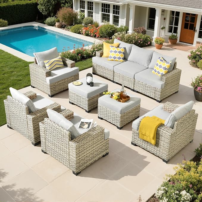 Outdoor Sectional Patio Furniture Set,9 Pieces All Weather Rattan Wicker Conversation Sets,Out Door Furniture with Ottoman Single Chair,Light Grey