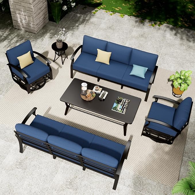 Aluminum Patio Furniture Set with Coffee Table,8 Seats Metal Modern Outdoor Furniture w/5.1" Thick Cushions,Patio Sectional w/Swivel Chairs for Patio,Backyard,Navy