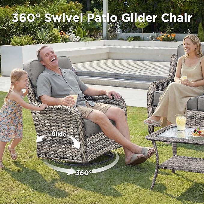 Luxury Patio Furniture Set with Fire Pit Table-4 Pieces High Back Wicker Swivel Rocker Chairs with 6" Extra Thick Cushions, Outdoor Patio Conversation Sets for Porch Deck Garden(Grey/Grey)