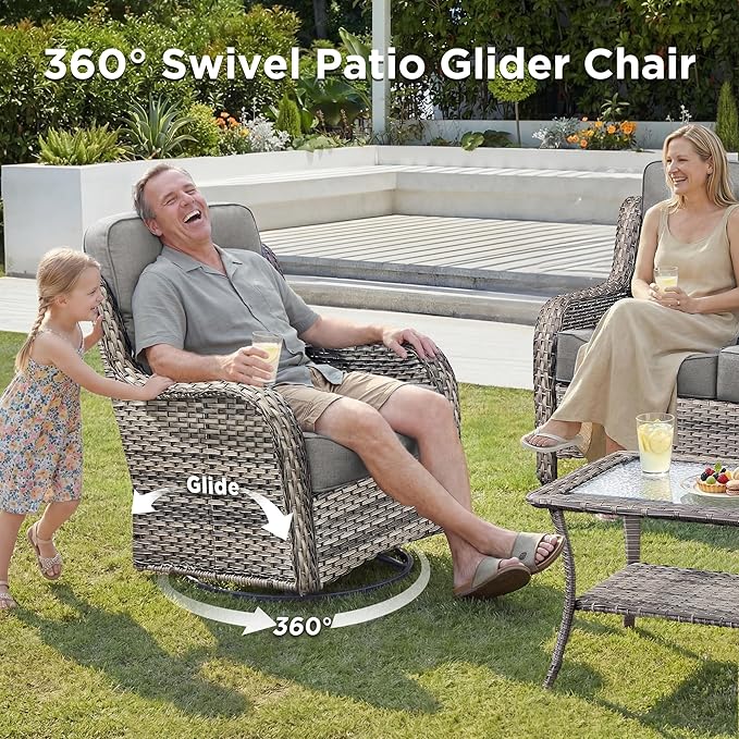 Luxury 5 Pieces Outdoor Patio Furniture Set-High Back Swivel Rocker Patio Chairs with Sofa and Ottomans, 6-inch Extra Thick Cushions Wicker Outdoor Conversation Set for Garden Porch(Grey/Grey)
