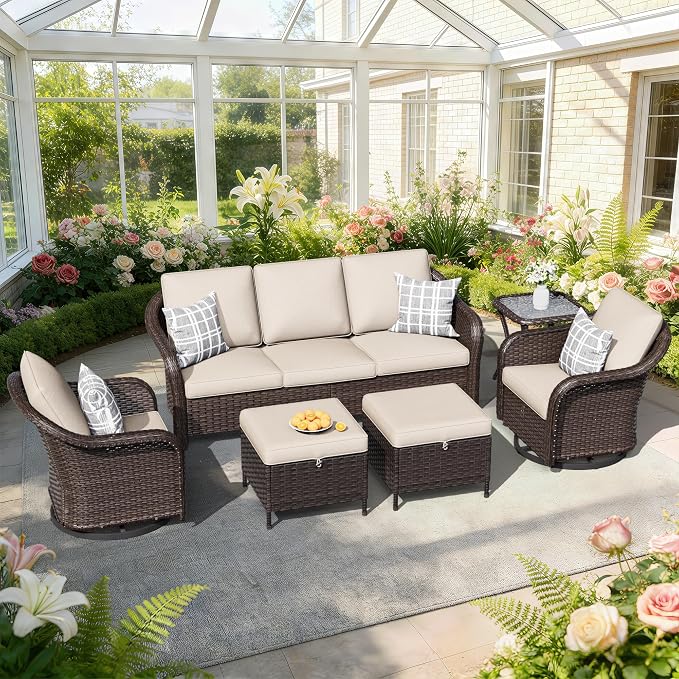 6 PCS Outdoor Conversation Set | 78" Couch, 2 Swivel Chairs, 1 Side Table, 2 Ottomans, Patio Wicker Conversation Furniture with Removable Cushions for Bistro, Deck, Sunroom (Beige)