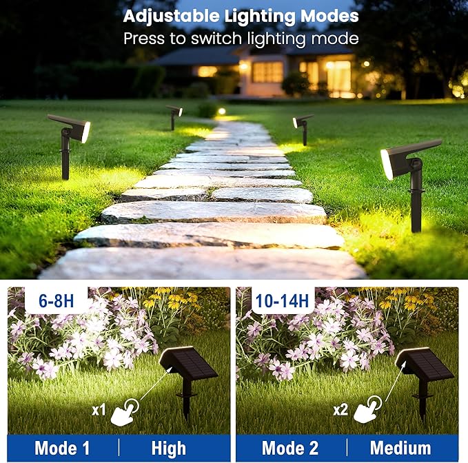 Solar Lights Outdoor Waterproof IP65, Super Bright LED with Lens, 6500K 2 Lighting Modes, Solar Powered Yard Garden Solar Spot Lights for Outside Landscape Auto On/Off -2 Pack
