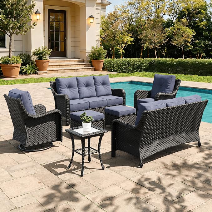 7 Pieces Outdoor Furniture Set with 6-inch Cushions, High Back Wicker Swivel Rocker Chairs with Coffee Table, Luxury Conversation Set for Deck Patio and Poolside