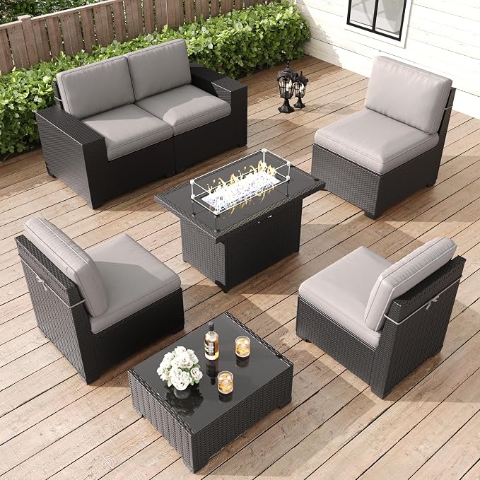 LayinSun 7 Pieces Patio Furniture Set with Fire Pit Table, Black Rattan Modular Sectional Patio Conversation Sofa Set