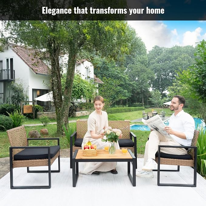 4 Piece Patio Furniture Set, Wicker Rattan Outdoor Furniture with Cushion, Patio Conversation Sets with Chairs Loveseat and Coffee Table for Outdoor, Porch, Yard, Poolside, Balcony, Lawn (Light Brown)