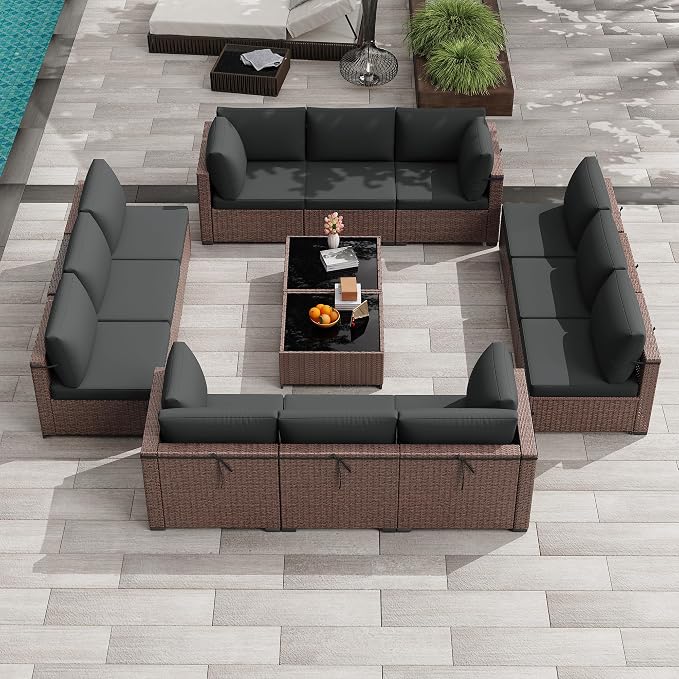 KIGOTY 14-Piece Patio Furniture Set, All-Weather PE Rattan Outdoor Sectional Sofa, Modular Wicker Conversation Set with Thick Cushions & Easy-Clean Coffee Table（Brown/Dark Grey）