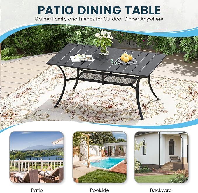 7 Pieces Patio Furniture Dining Set, 6 Textilene Swivel Dining Chairs, 59" Outdoor Rectangular Metal Table with 1.57" Umbrella Hole, Outdoor Dining Set for Porch, Lawn, Garden, Black/Brown