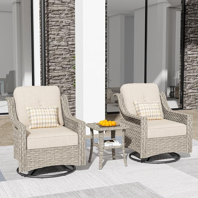 HOOOWOOO 3 Piece Patio Furniture Bistro Sets,Outdoor Wicker Swivel Rocking Chairs with Table Set,All Weather Resistant High Back Rattan Conversation Set(Beige Tan)