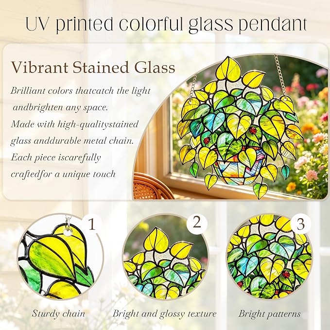 Plant Suncatcher Glass, Stained Glass Suncatcher Plant Window Hanging, Unique Nature Lover Gifts Leaf