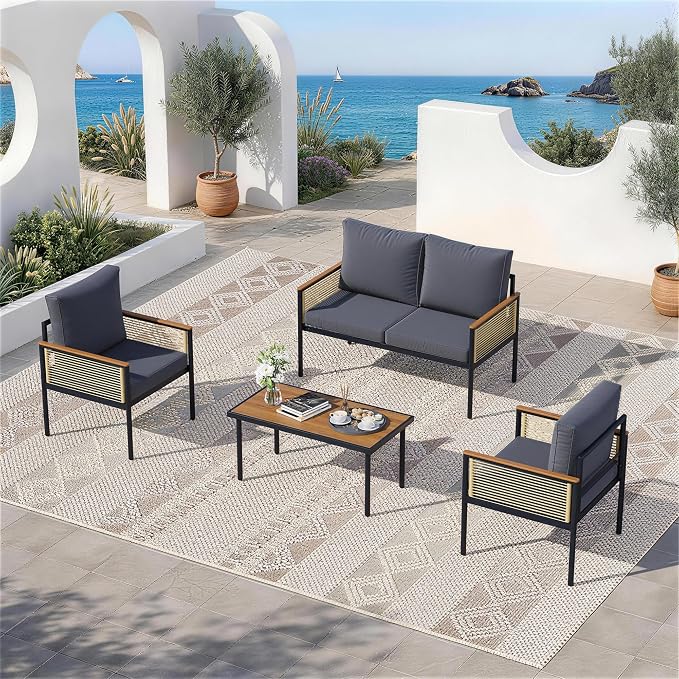 4 Pieces Patio Furniture Set, Outdoor Furniture Set with Table and Chairs, Metal Patio Conversation Sets with Thick Waterproof Cushions for Backyard, Garden, Poolside, Dark Grey (4 Seats)