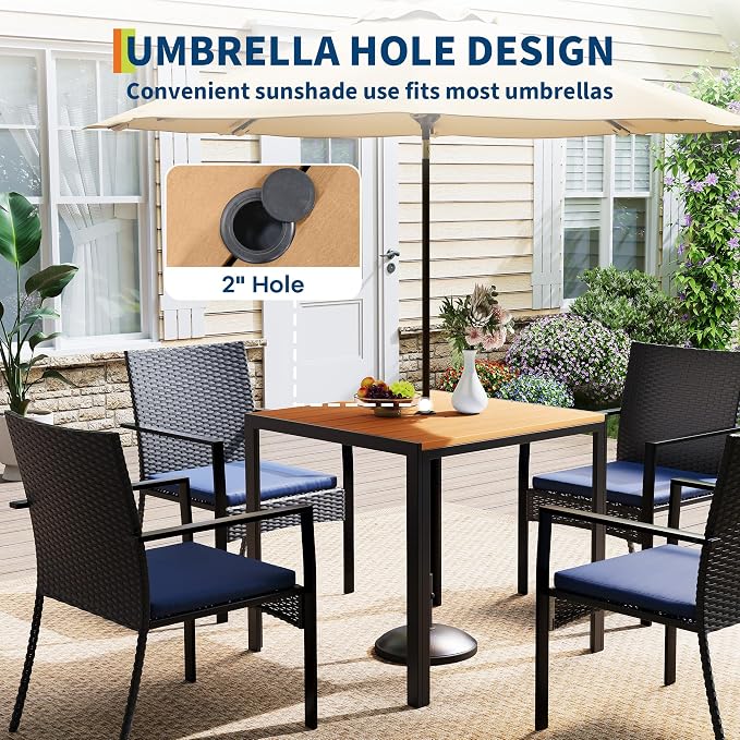 5 Piece Patio Dining Set, Wicker Outdoor Table and Chairs with Umbrella Hole ＆ Soft Cushion, Patio Furniture Set for Backyard, Garden, Poolside, Deck - Black＆Blue