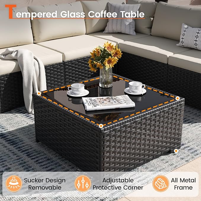 Patio Furniture Set, 7-Piece Outdoor Sectional All-Weather Wicker Patio Conversation Set for Backyard, Garden, White