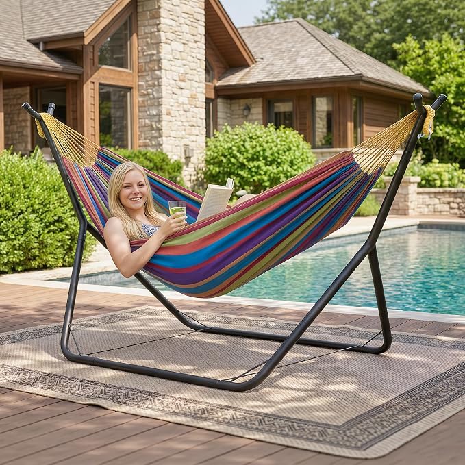 ANOW Double Hammock with Stand for Outside, Portable Space Saving Hammock Stand with Adjustable Height for Indoor Outdoor, 475 Lbs Capacity, Rainbow Stripes