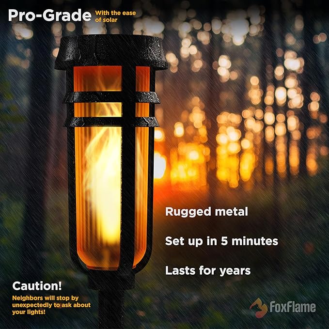 FoxFlame Solar Path Lights Outdoor Waterproof-Realistic Flickering LED Flame,IP65 Pathway Lights Solar Powered Warm Light for Garden and Walkways,Ground Stake Included for Easy Setup(1 Pack)