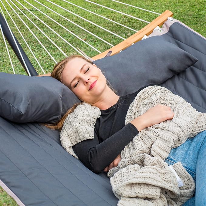 SUNCREAT Double Hammock with Stand Included, Outdoor Hammock with Large Pillow, 450 lbs Capacity, Hammock Storage Bag