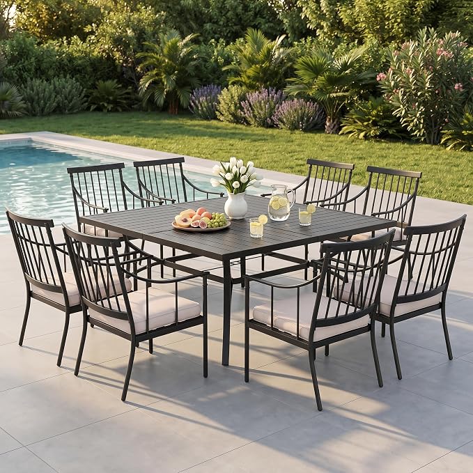 PHI VILLA 9 Piece, Outdoor Dining Set, 57.5"x57.5" Table, Cushioned | Wrought Iron, 2.0" Umbrella Hole, Weather-Resistant, 300 lbs Capacity