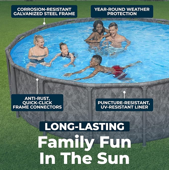 Bestway APX 365 16' x 48" Above Ground Pool, Round Metal Frame Outdoor Swimming Pool Set with Sand Filter Pump, Ladder, and Cover, Dark Marble