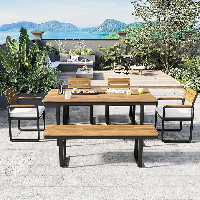 RuiSiSi 6-Piece Outdoor Dining Table Set, Acacia Wood Patio Dining Table Set with 1 Table, 4 Chairs, 1 Bench, Comfortable Cushions and Adjustable Feet for Patio, Garden, Backyard, Beige Cushion