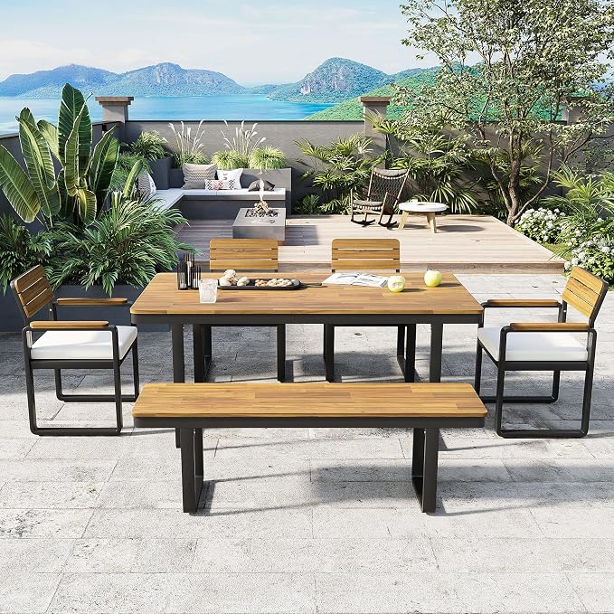 6-Piece Outdoor Acacia Wood Dining Set, 1 Table with 4 Chairs & 1 Bench, Comfortable Cushions on Chairs, Adjustable Feet, for Patio, Garden, Backyard Family Gatherings (Beige-6A)