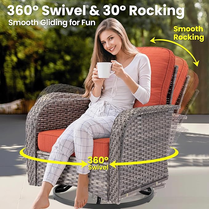 ovios 5 Pieces Patio Furniture Set, Outdoor Wicker Sofa Couch with Swivel Glider Chairs Solar Lights Table, Modern Deep Seat Rattan Conversation Sets for Deck Porch, Orange Red