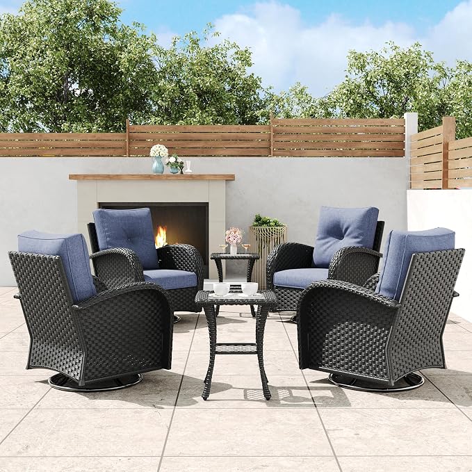 6 Pieces Outdoor Wicker Patio Swivel Rocking Chairs, All Weather Wicker Conversation Set with Side Table
