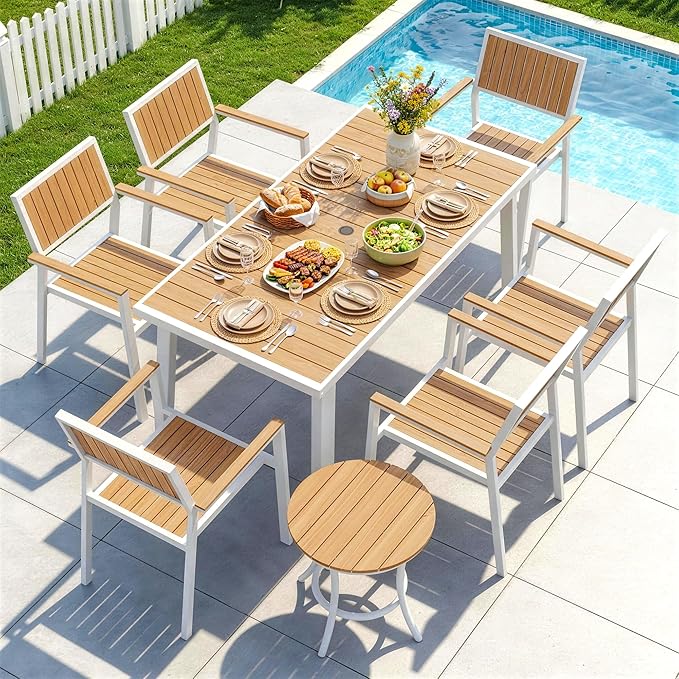 8-Piece Patio Dining Set, Outdoor Weather-Resistant Plastic-Wood Table & 6 Stackable Chairs, Outdoor Durable Aluminum Frame Furniture for Garden, Poolside, Backyard, White