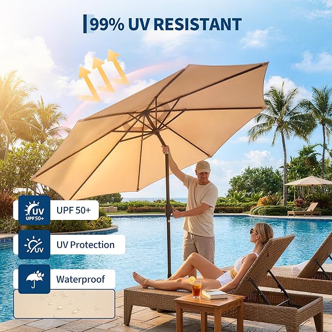Garvee 9FT Patio Umbrella with 32 Solar LED Lights, Outdoor Table Market Umbrella with Tilt and Crank, 8 Sturdy Iron Ribs Sun Shade for Garden, Deck, Backyard and Pool, Beige