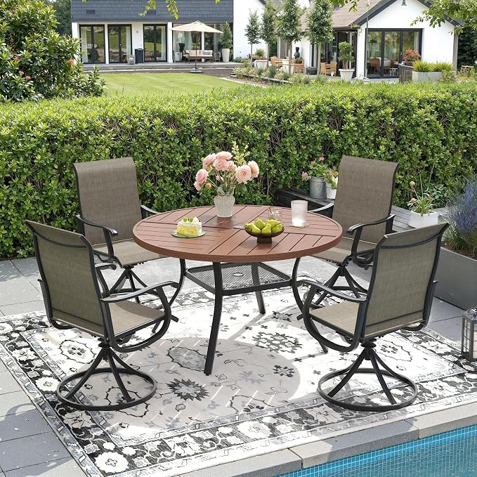 DIFY Patio Table and Chairs Set for 4, 5 Piece Outdoor Dining Set, 40.6" Walnut Round Metal Dining Table with Umbrella Hole and 4 Brown Textilene Swivel Patio Chairs, for Garden Backyard Deck